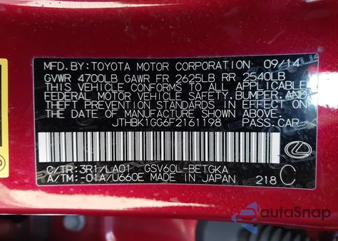 2015 Lexus Es 350 from USA, damaged, VIN JTHBK1GG6F2161198